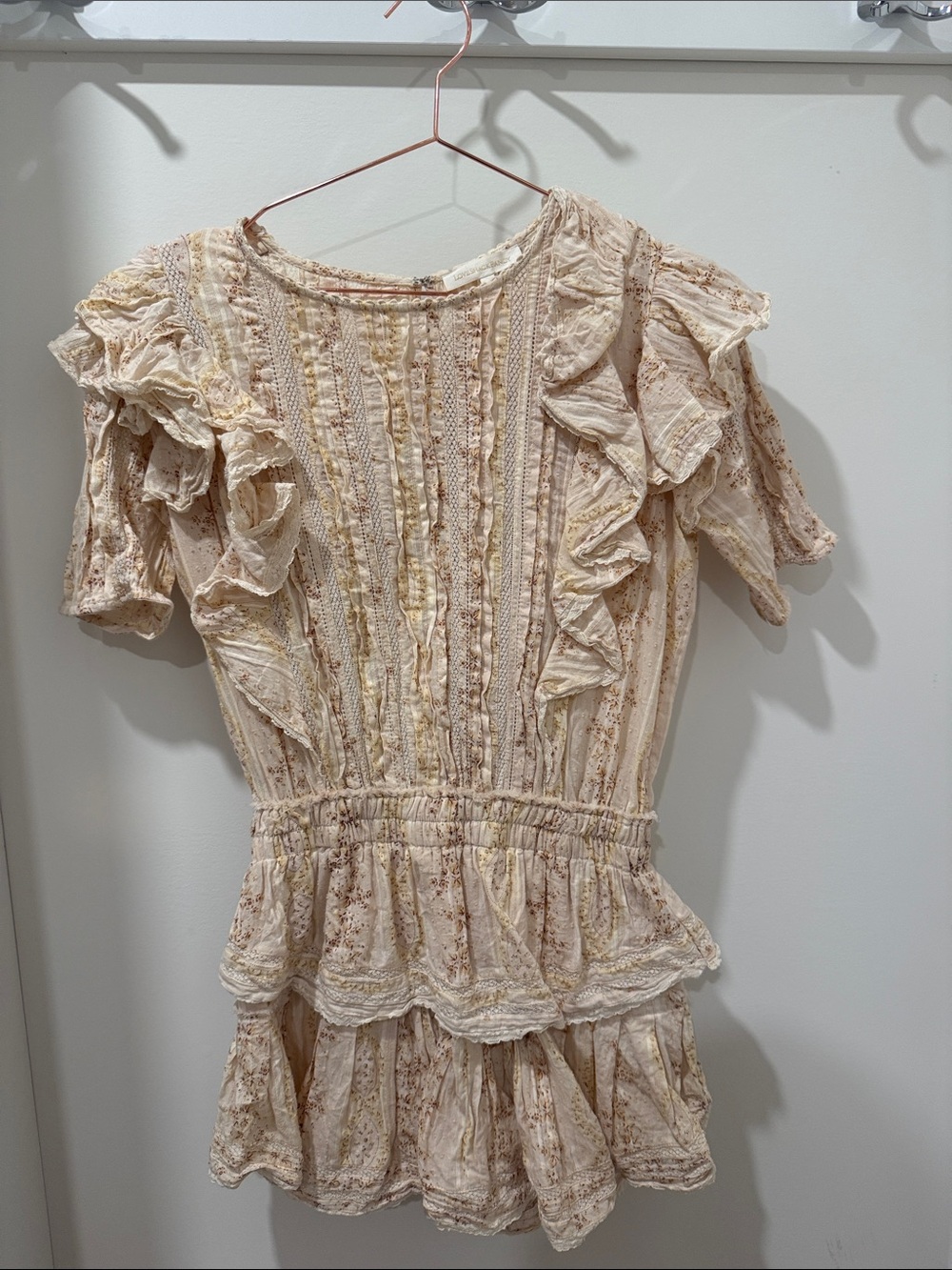 LoveShackFancy Cream and Light Pink Ruffle Short Dress